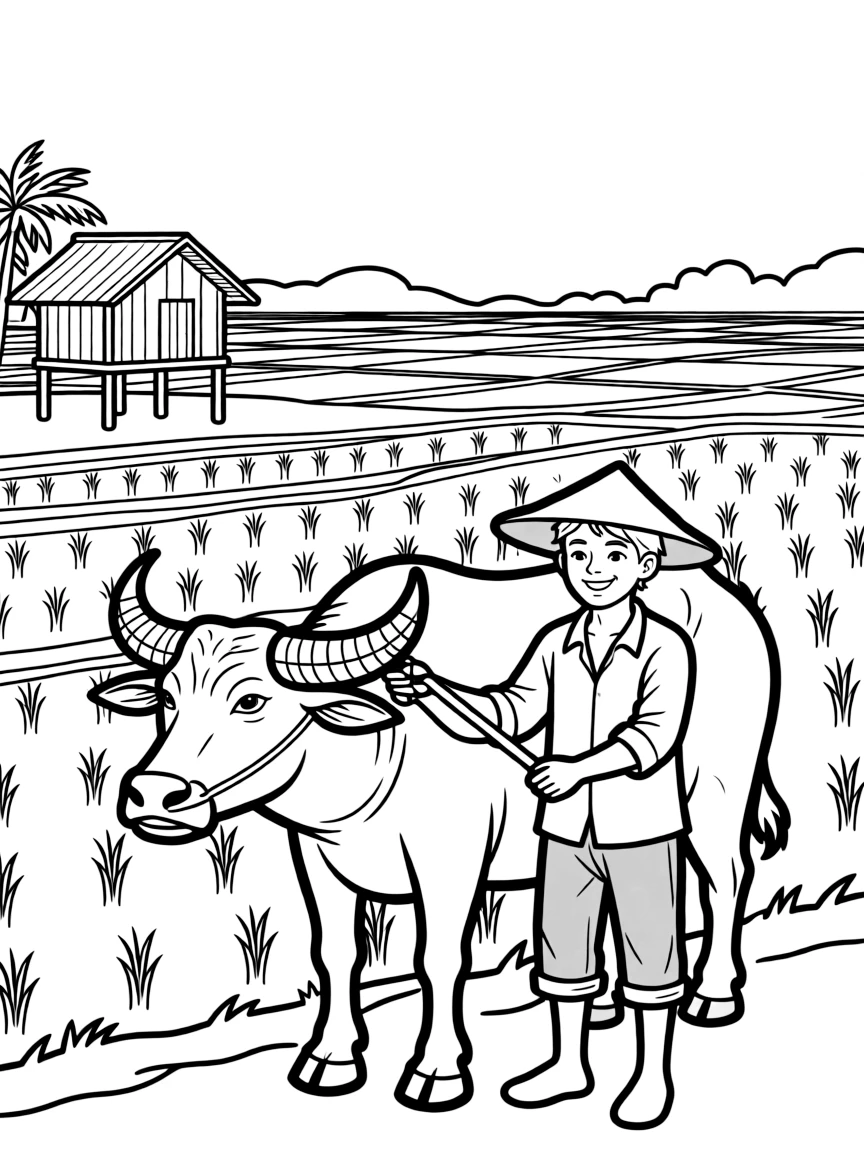 (Malaysia) A scenic rice paddy field in Malaysia with a farmer and a water buffalo (kerbau)