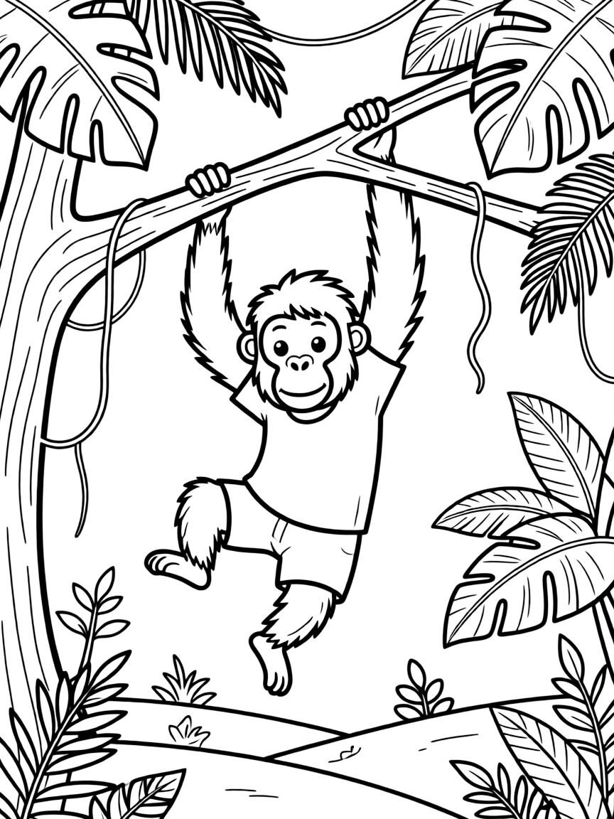 (Malaysia) An orangutan swinging from tree branches in a lush Borneo rainforest