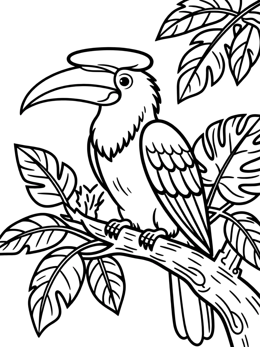 (Malaysia) A hornbill bird with a big colorful beak perched on a tropical tree branch