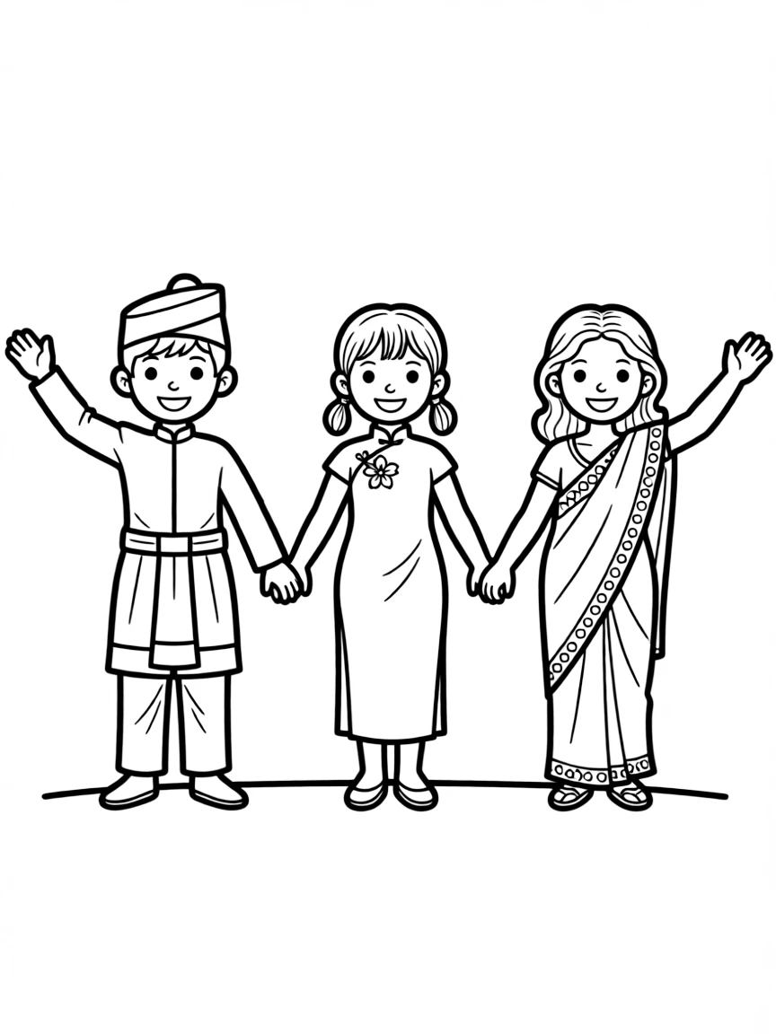 (Malaysia) Children of different cultures (Malay, Chinese, Indian) in Malaysia holding hands in traditional outfits