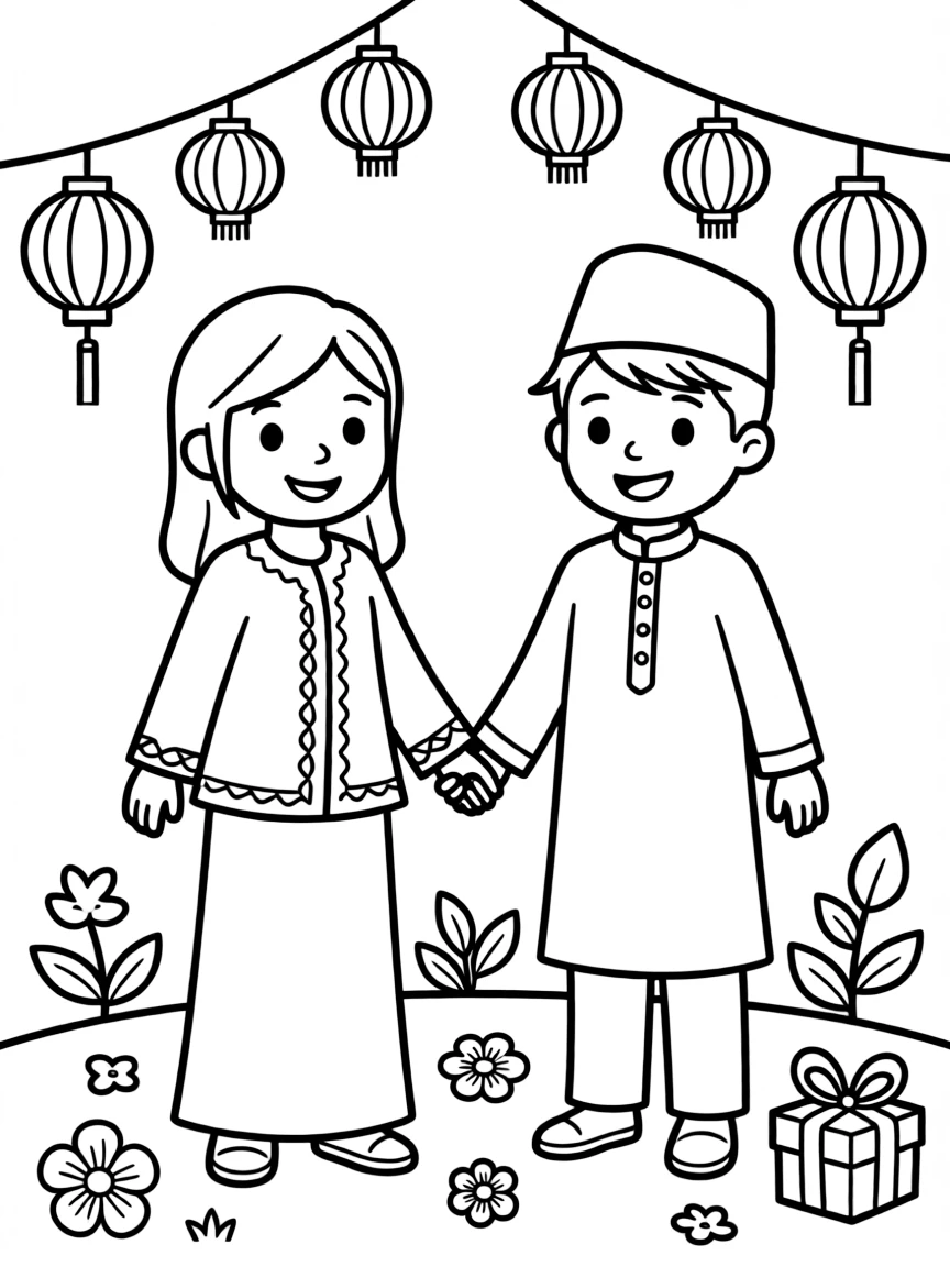 (Malaysia) A Malay girl wearing a baju kurung and a boy in a baju Melayu with songkok hat during a festival