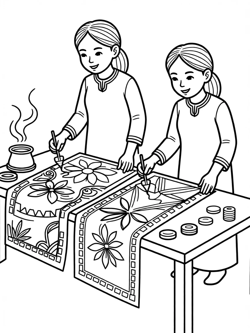 (Malaysia) Women crafting intricate designs on fabric with hot wax for Malaysian batik painting