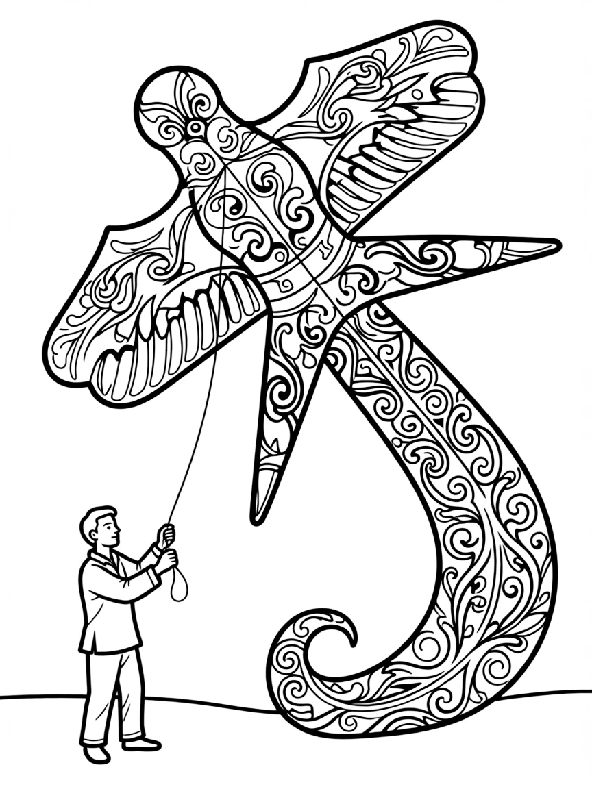 (Malaysia) A craftsman flying a giant Wau kite (traditional Malay moon-kite) decorated with patterns