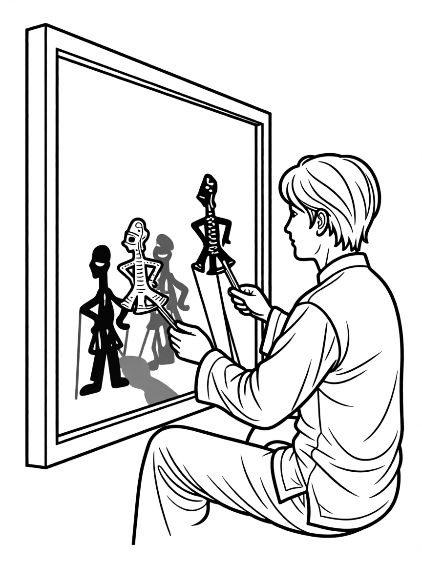 (Malaysia) A puppeteer performing with Wayang Kulit shadow puppets against a lit screen