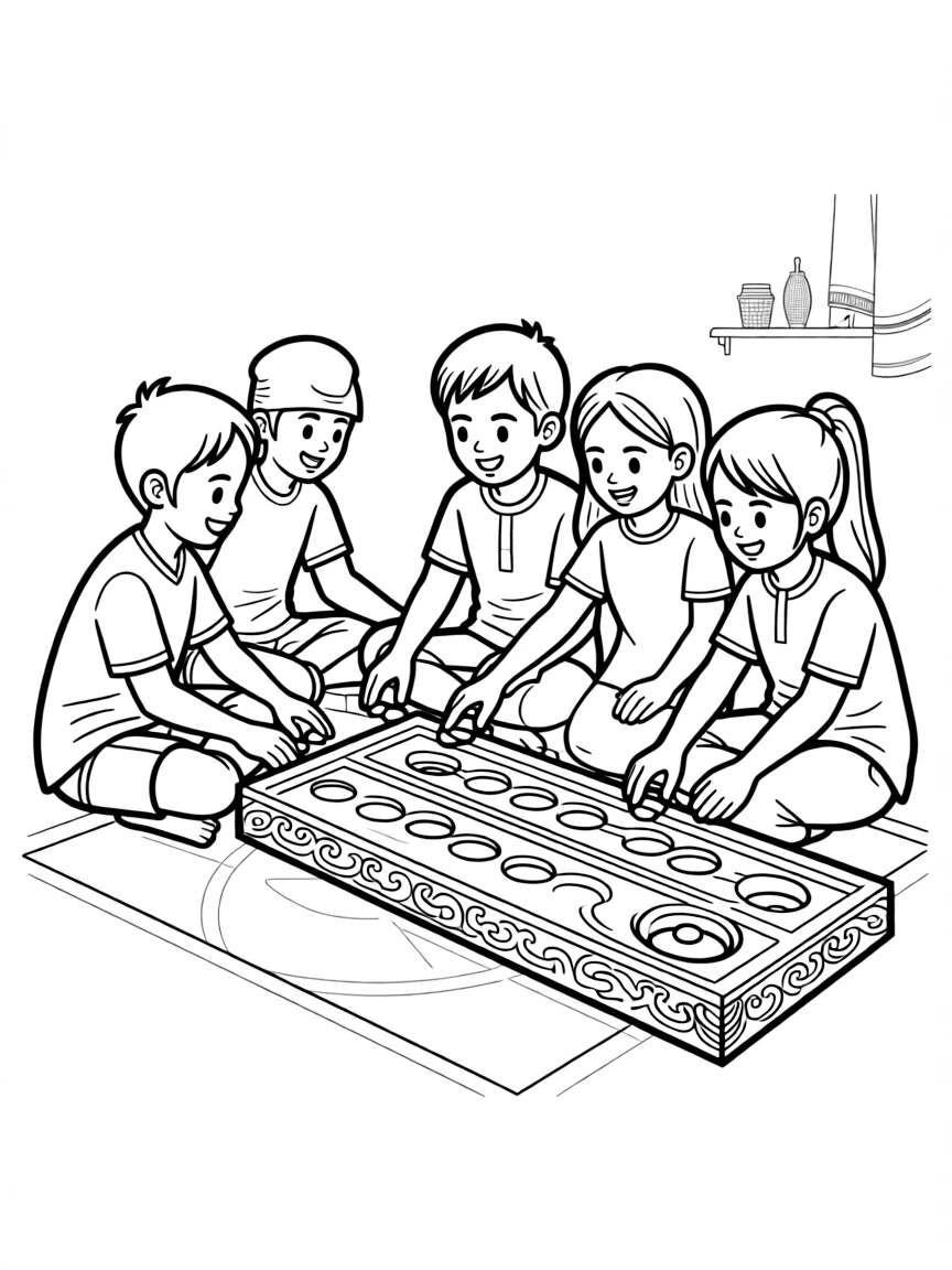 (Malaysia) A group of friends playing congkak (traditional Malay marble game) on a carved wooden board