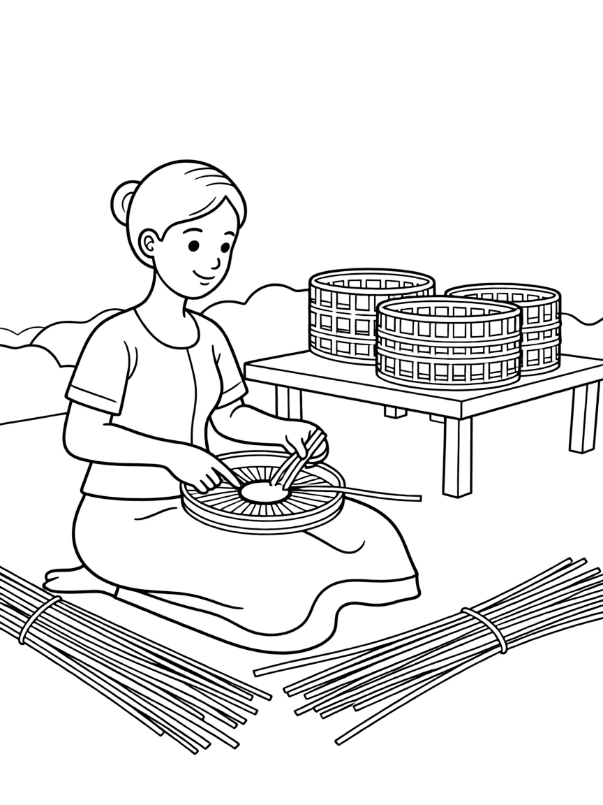 (Malaysia) An orang Asli (indigenous) weaver making a basket from rattan or pandan leaves