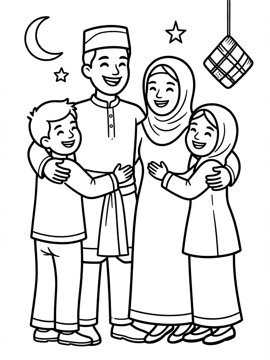 (Malaysia) Muslim family dressed in new clothes greeting each other on Hari Raya Aidilfitri (Eid) with a friendly hug