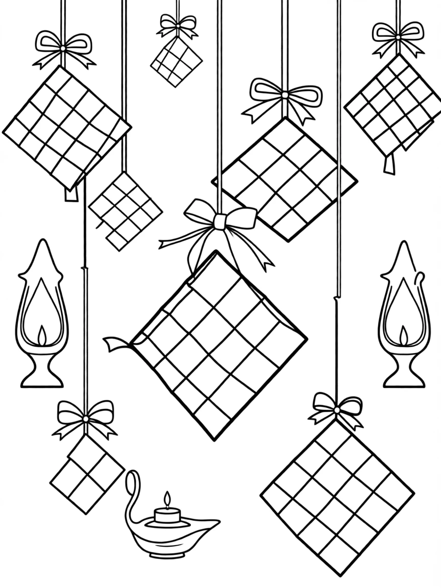 (Malaysia) Decorative ketupat (woven palm leaf rice parcels) and oil lamps for Hari Raya decorations