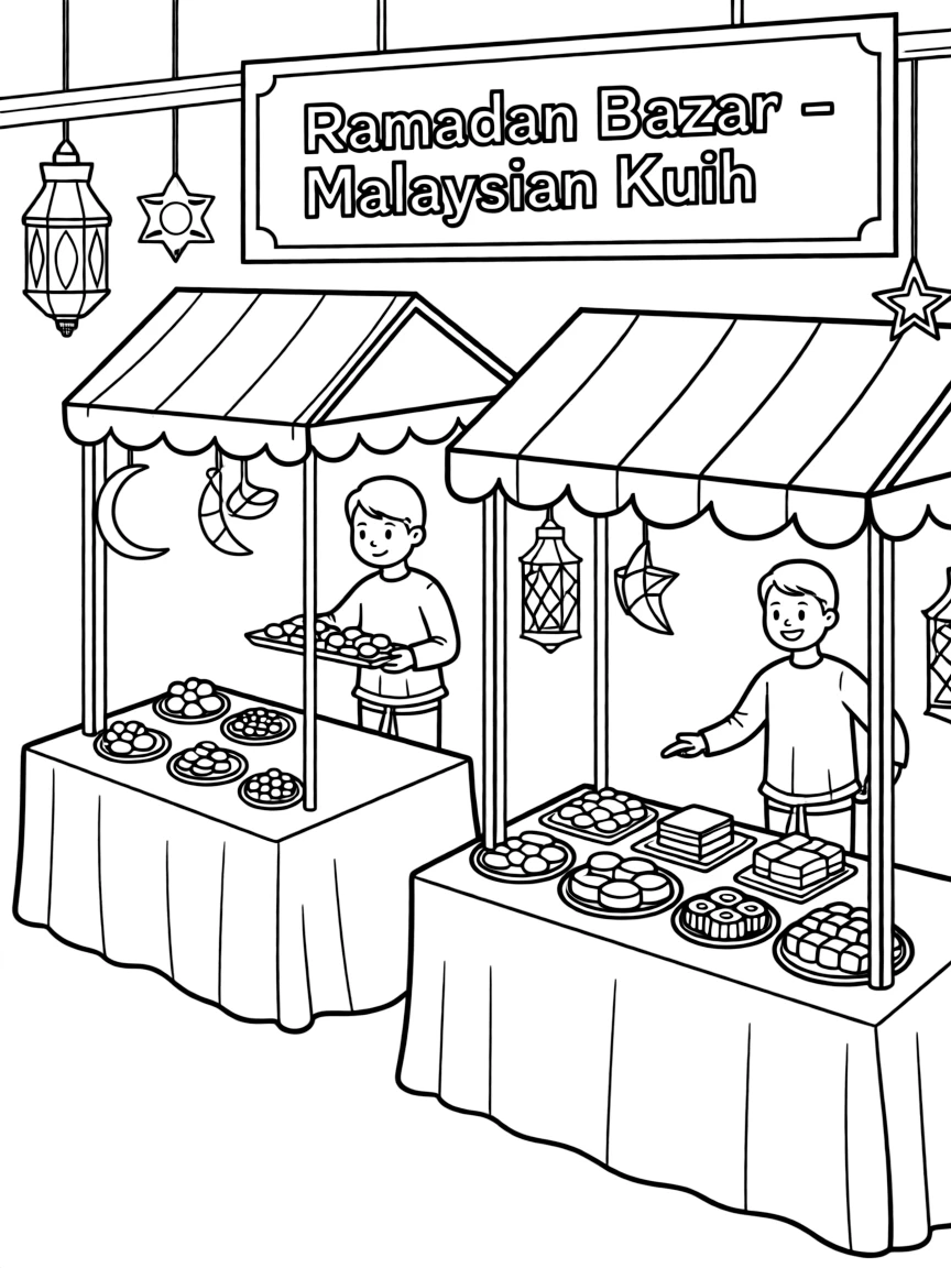 (Malaysia) Stalls at a Ramadan bazaar with colorful Malaysian kuih (sweet cakes) and treats