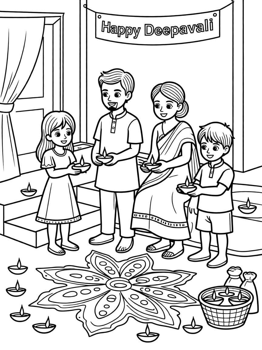 (Malaysia) Hindu families lighting clay oil lamps (diyas) and making kolam patterns for Deepavali