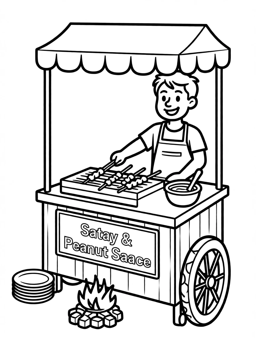 (Malaysia) A street food stall grilling satay skewers over a charcoal fire with peanut sauce on the side