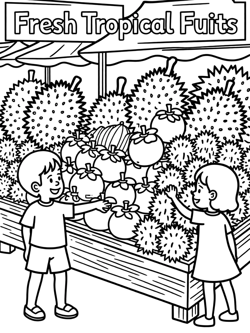 (Malaysia) Durian fruit and other tropical fruits like mangosteen and rambutan piled up at a fruit stand