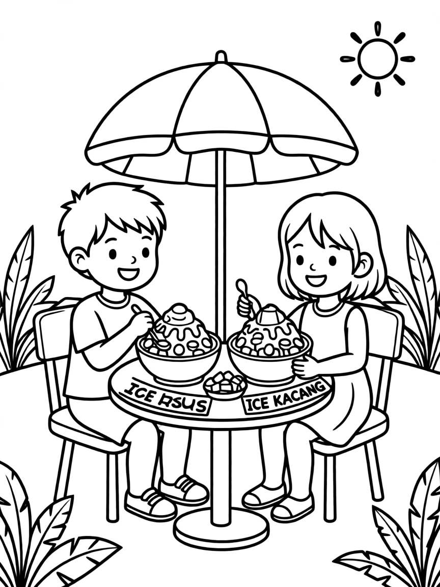 (Malaysia) Children eating ice kacang (shaved ice dessert with syrup, beans, and jelly) on a hot day