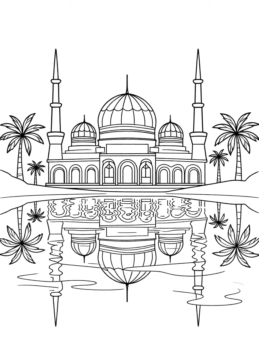 (Malaysia) The Crystal Mosque in Terengganu with its glass domes reflecting on the water