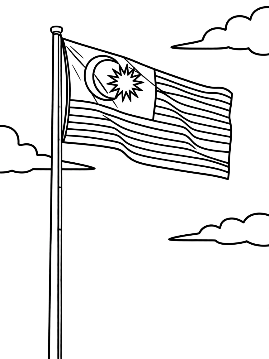 (Malaysia) A Malaysian flag (Jalur Gemilang) flying high against a blue sky