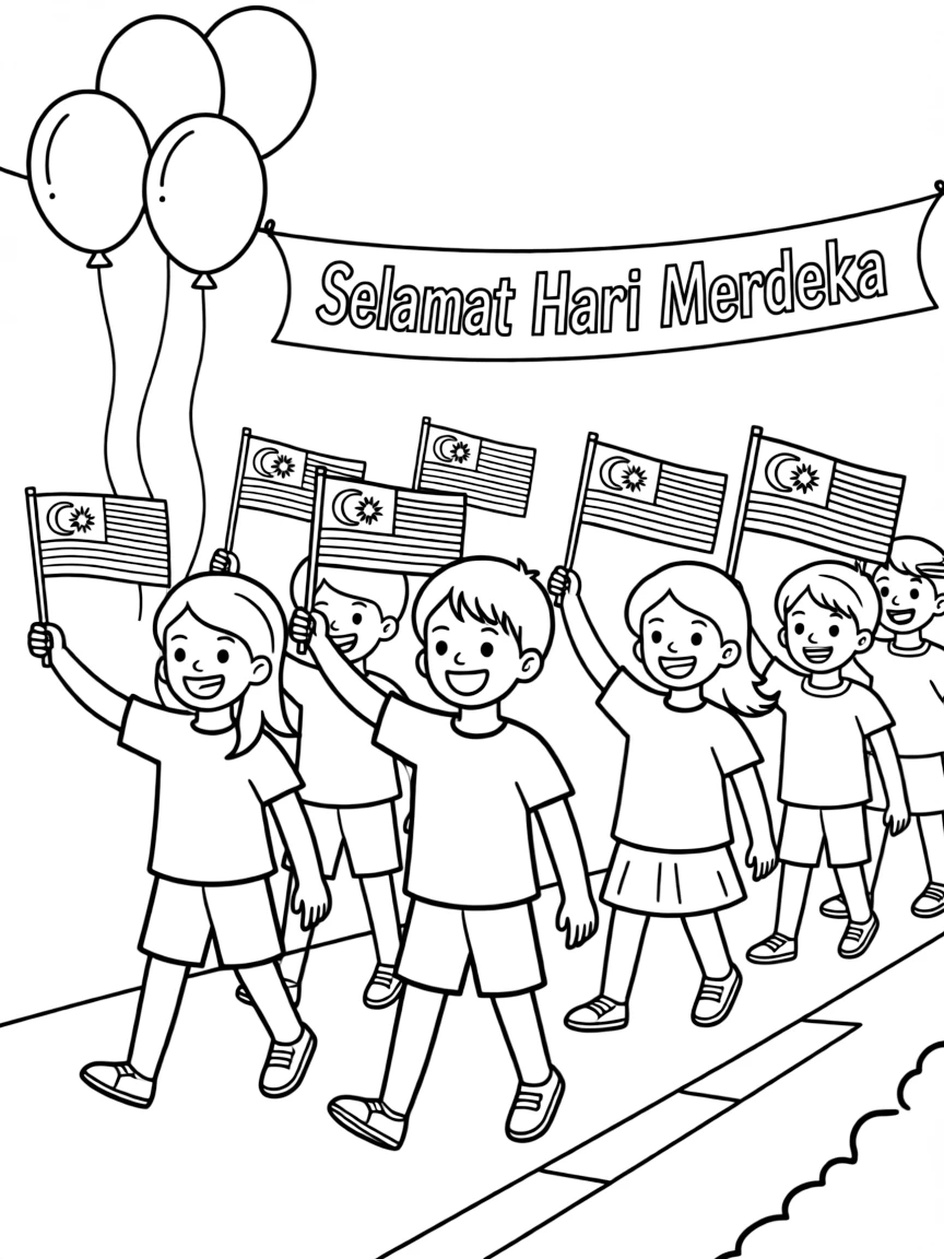 (Malaysia) Kids doing the Merdeka (Independence Day) parade waving flags and smiling