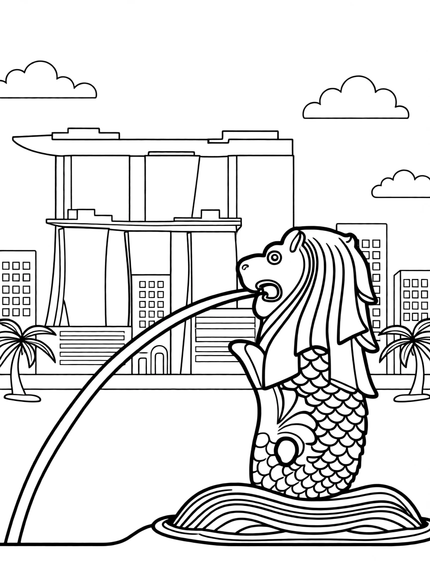 (Singapore) The Merlion statue at Marina Bay spouting water, with the city skyline behind it