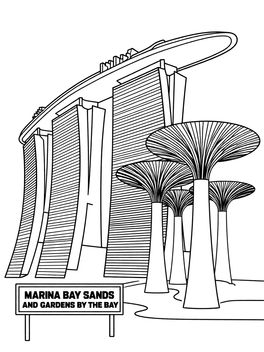 (Singapore) The Marina Bay Sands hotel with its boat-shaped rooftop and the Gardens by the Bay Supertrees nearby