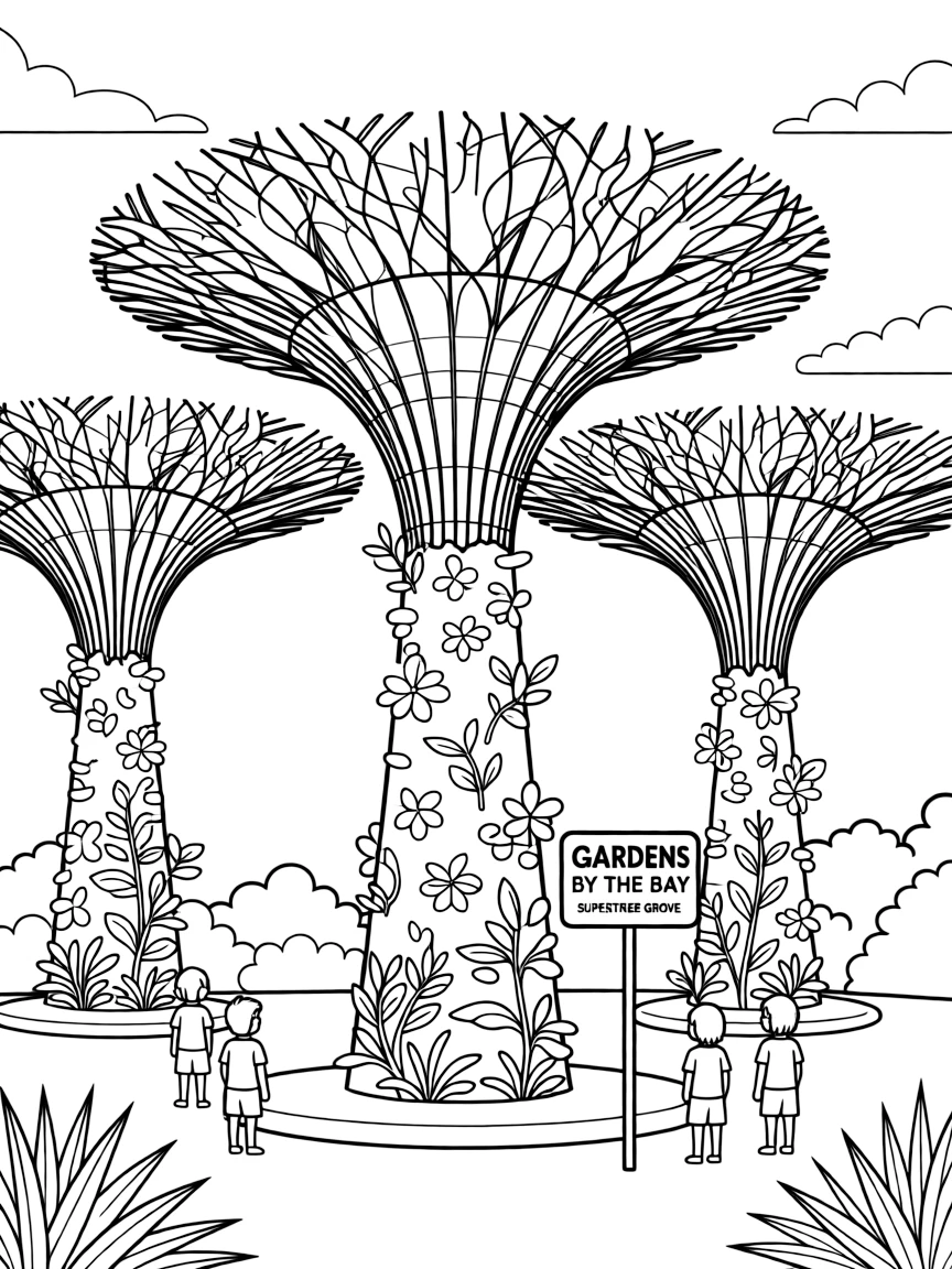 (Singapore) A Supertree Grove in Gardens by the Bay with giant tree-like structures covered in plants