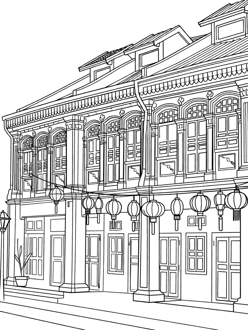 (Singapore) Colorful shophouses in Singapore’s Chinatown with ornate windows and lanterns