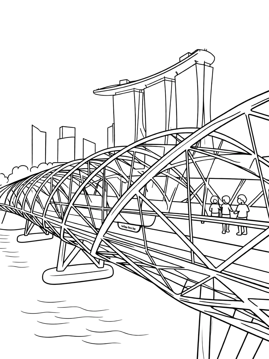(Singapore) The Helix Bridge, a modern spiral bridge, glowing at night near Marina Bay