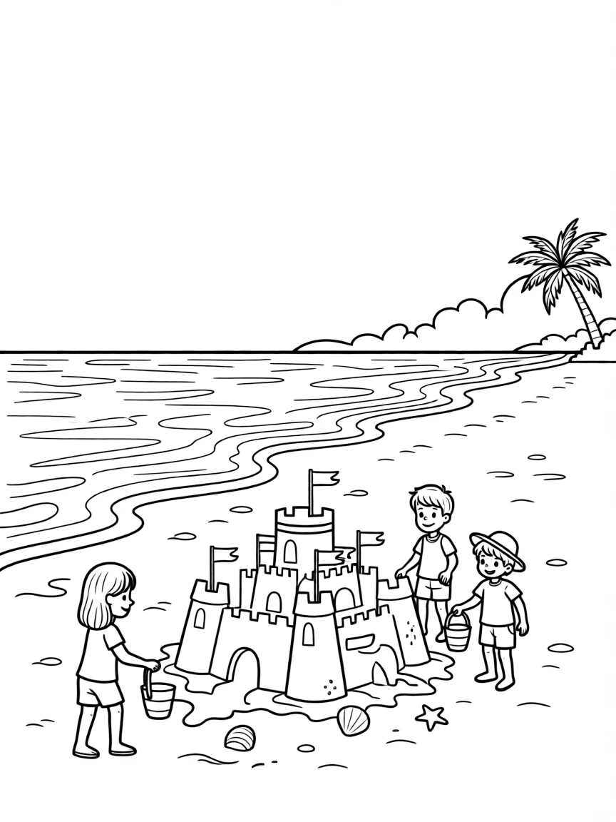 (Singapore) A scene of Sentosa Island’s beach with a sandcastle and kids playing by the water