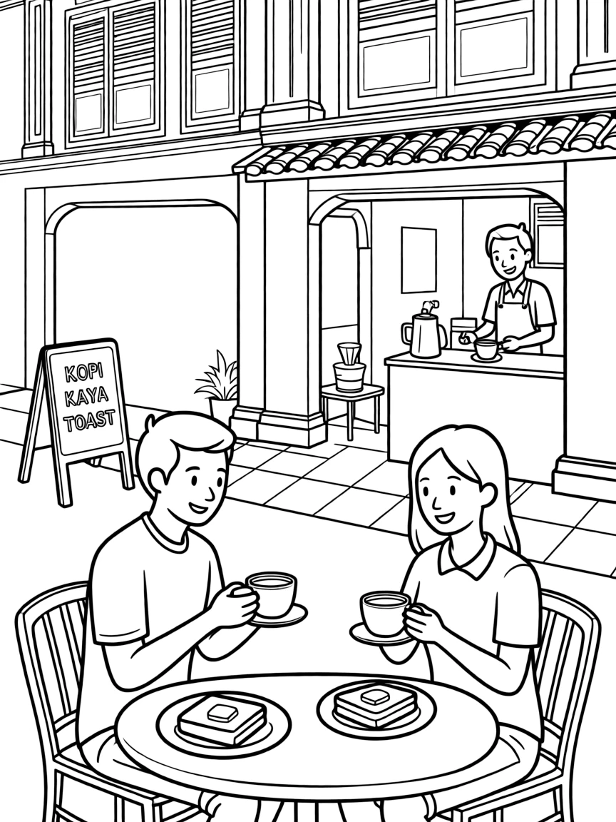 (Singapore) An old Singaporean shophouse coffee shop with people enjoying kopi and kaya toast
