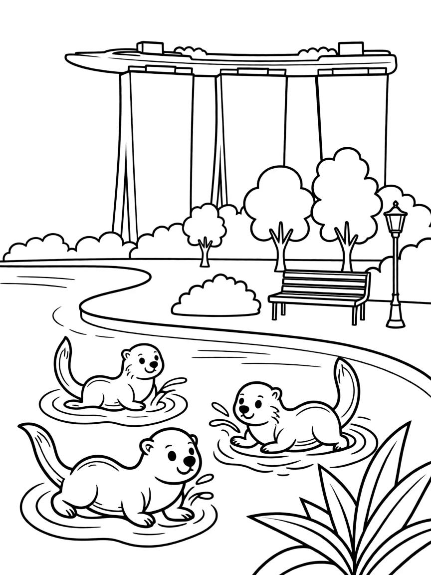 (Singapore) A family of otters playing by the Singapore River (the famous city otters)