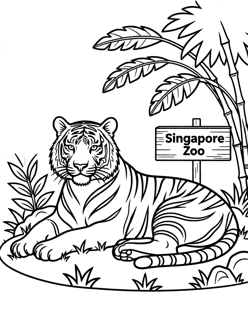 (Singapore) A white tiger lounging in its habitat (like one from the Singapore Zoo)