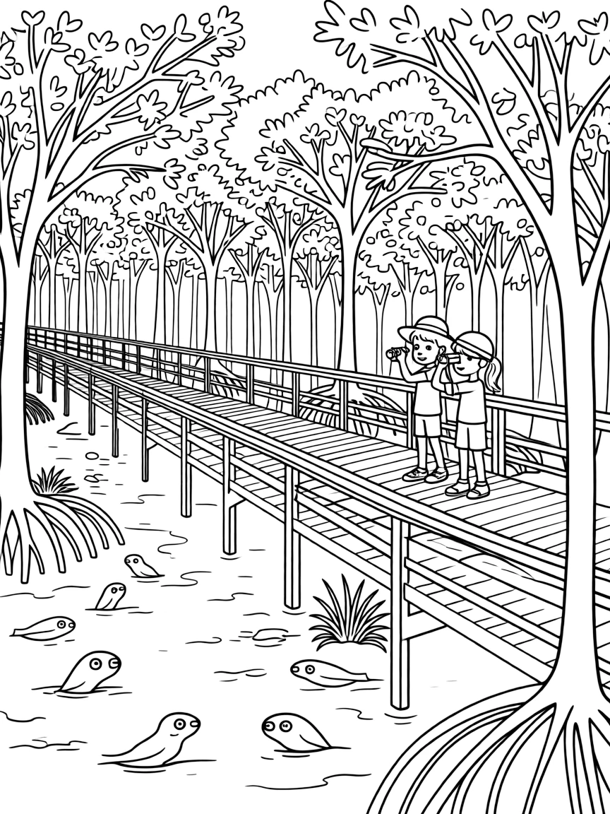 (Singapore) A lush mangrove boardwalk at Sungei Buloh Wetland Reserve with birds and mudskippers