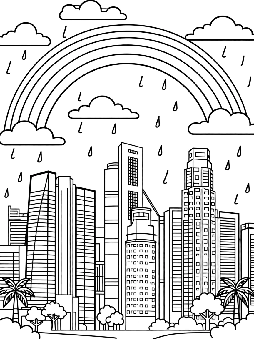 (Singapore) The city skyline with a rainbow after a tropical rain, above the CBD area