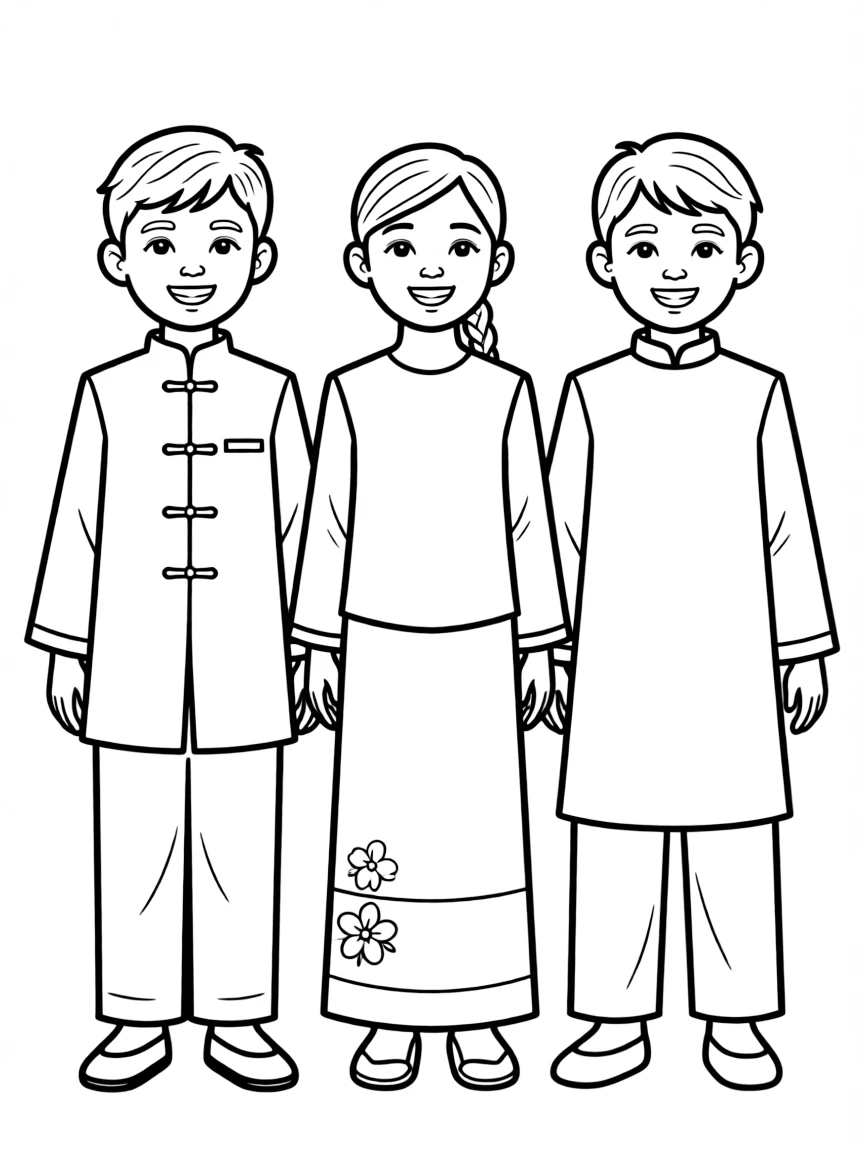 (Singapore) Children of Chinese, Malay, and Indian heritage smiling together in traditional costumes