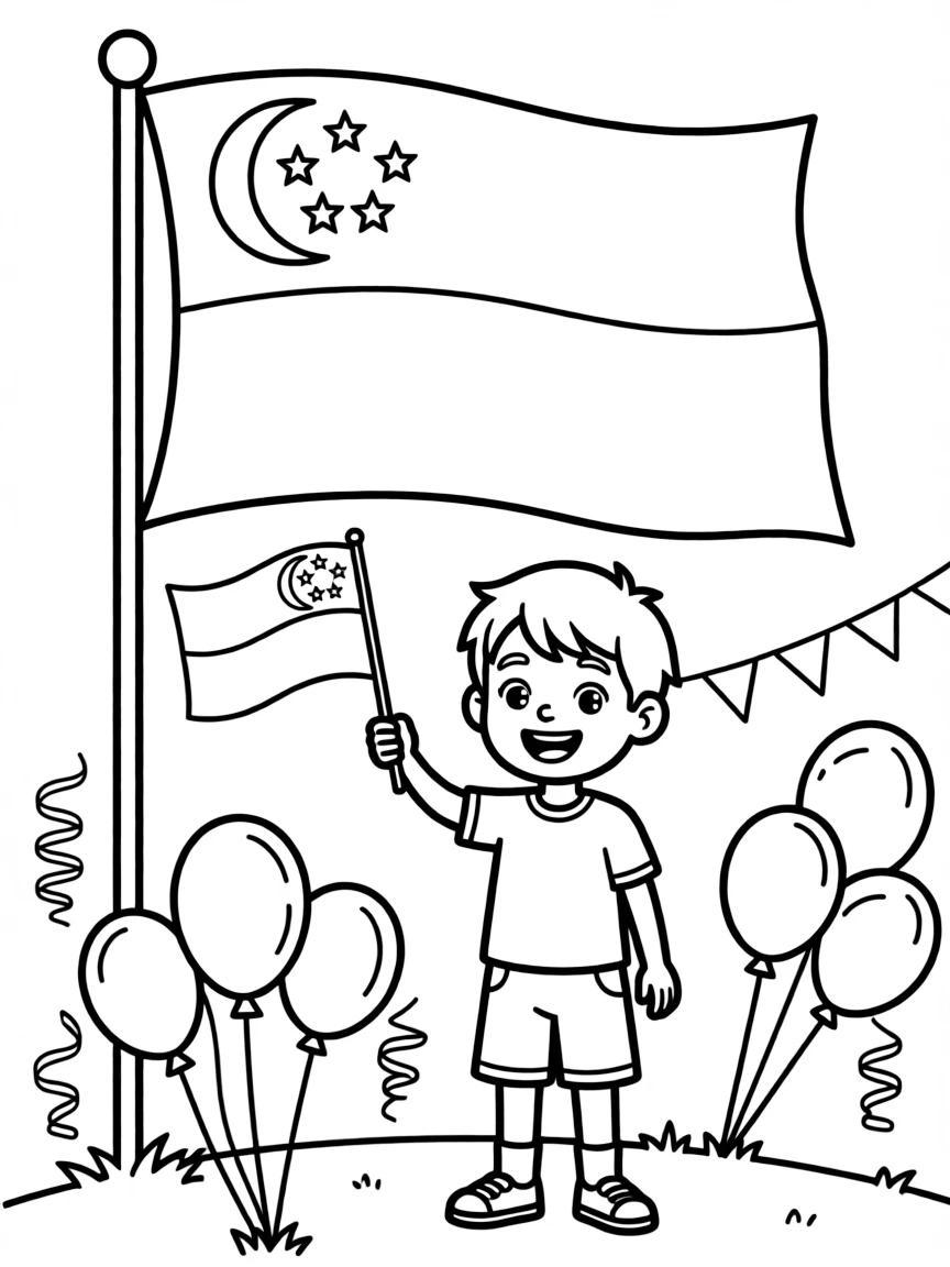 (Singapore) The Singapore flag (red and white with a crescent and stars) flying on National Day