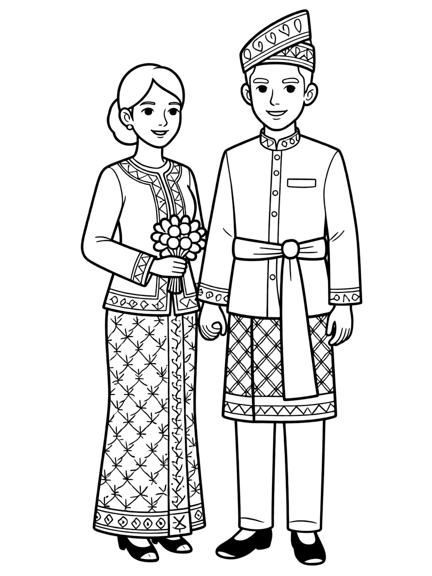 (Singapore) A Malay bride and groom in traditional wedding attire (songket fabric and tanjak headpiece for the groom)