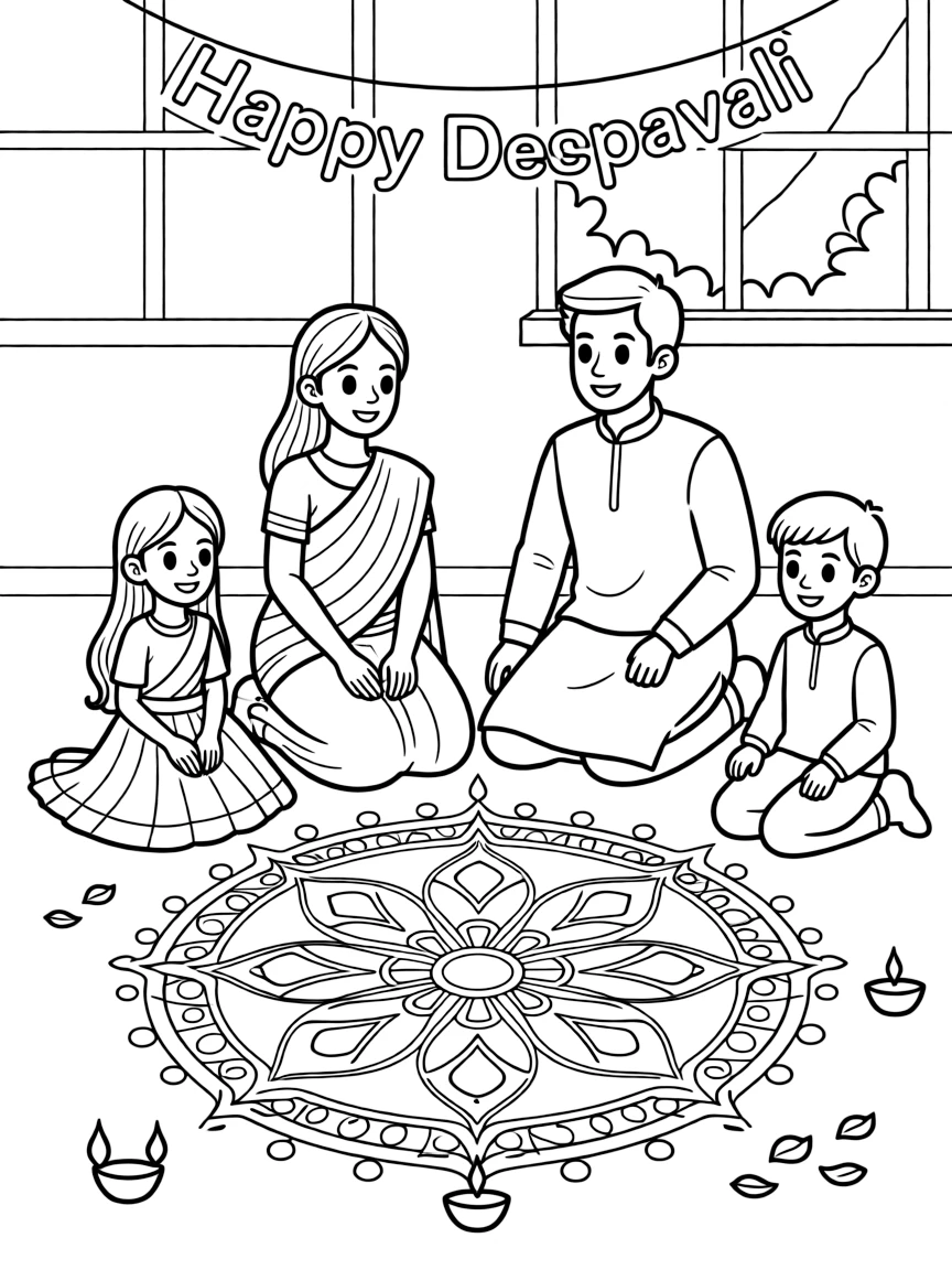 (Singapore) An Indian family creating a bright colored rangoli pattern on the floor for Deepavali