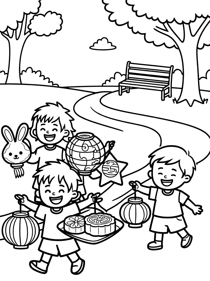 (Singapore) Kids carrying lanterns and mooncakes for the Mid-Autumn Festival at a park