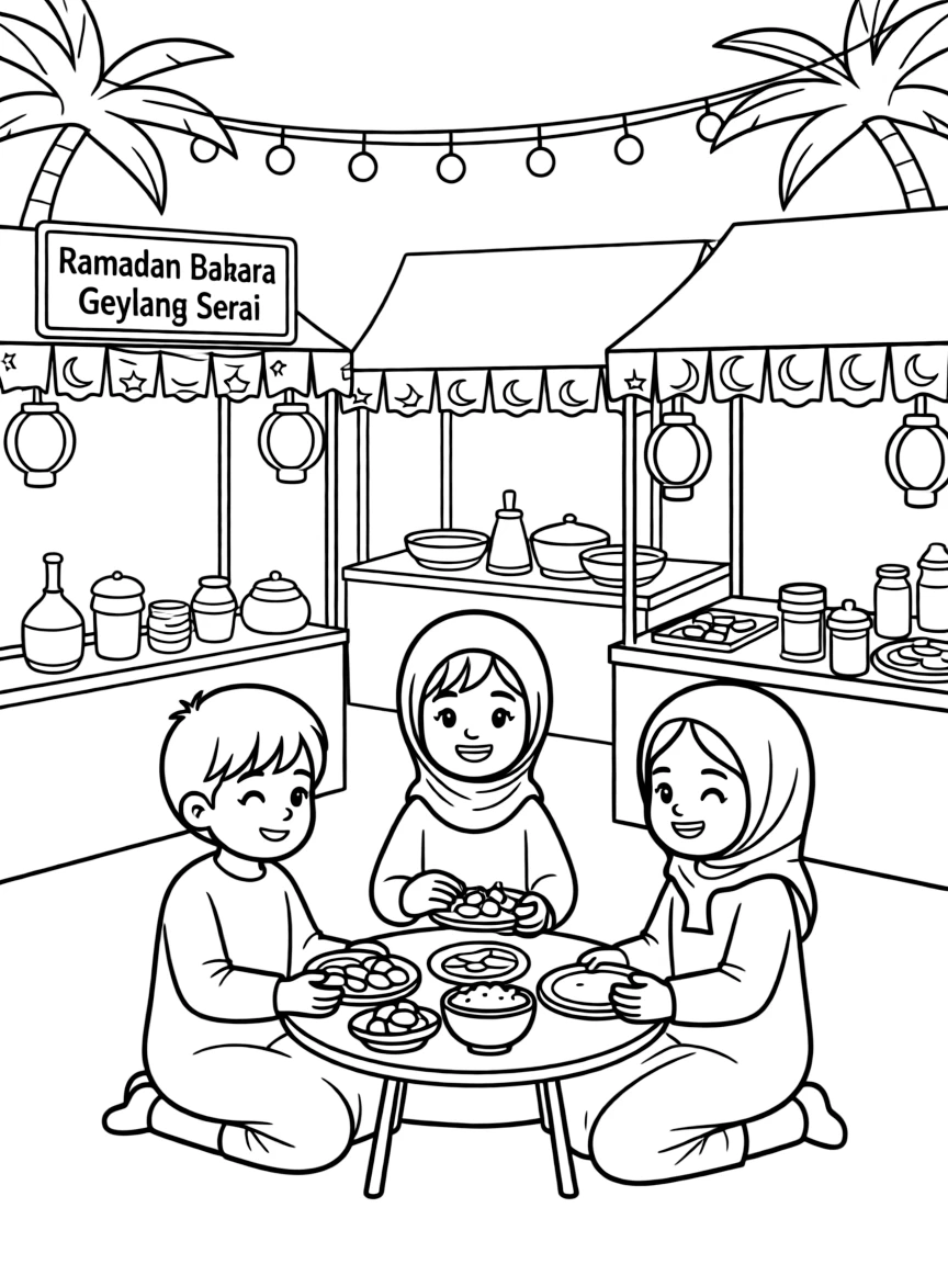 (Singapore) Friends breaking fast together at a Ramadan bazaar in Geylang Serai