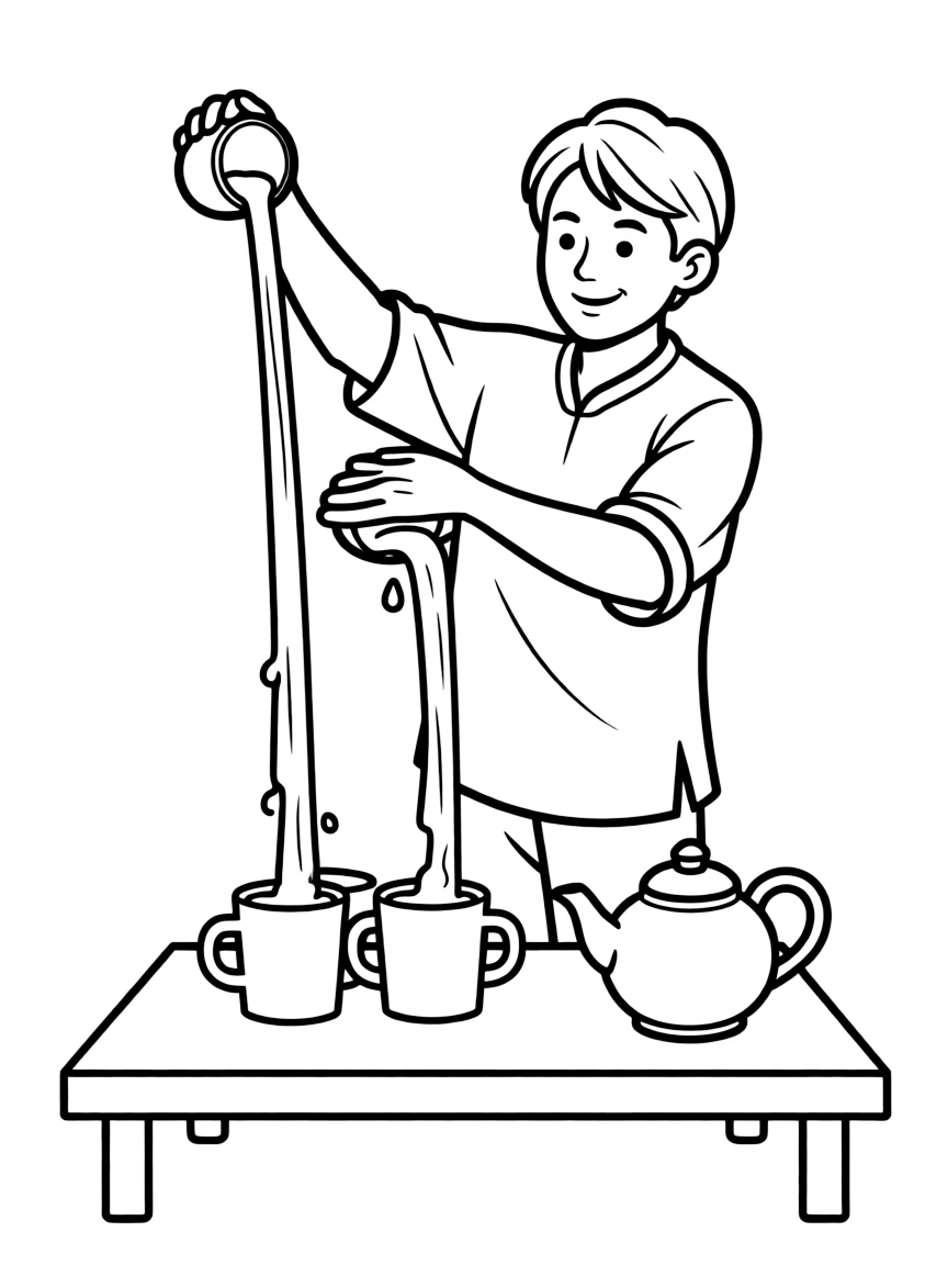 (Singapore) A master making teh tarik, pouring the tea high between two cups to make it frothy