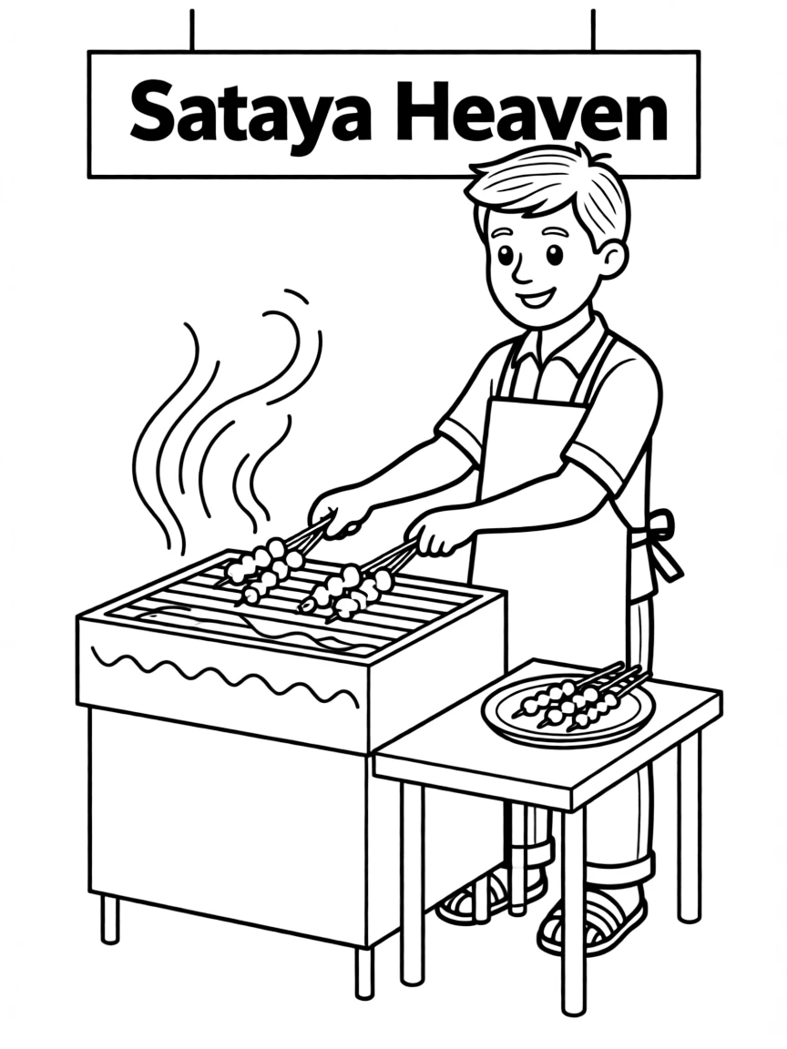 (Singapore) A vendor at a hawker center flipping satay skewers on a grill with smoke rising