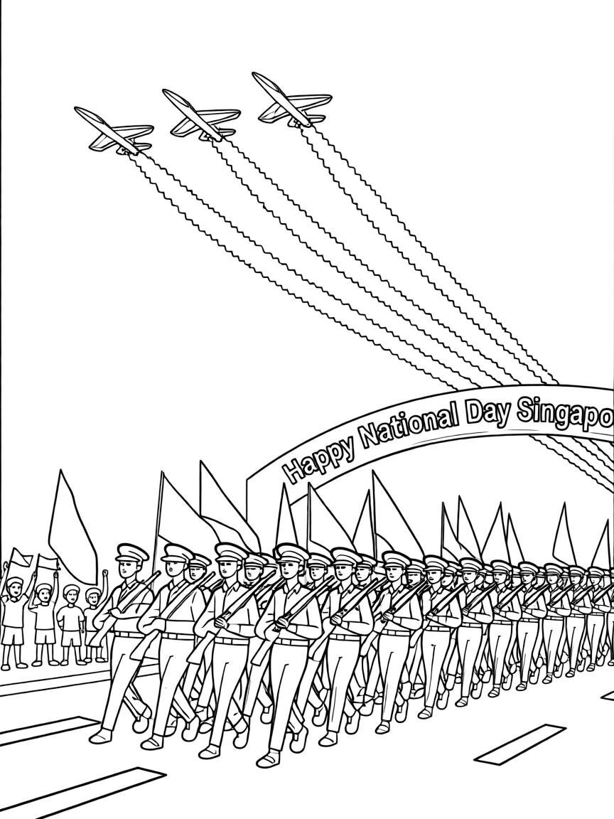 (Singapore) The National Day Parade with soldiers marching and jets flying overhead leaving colored trails