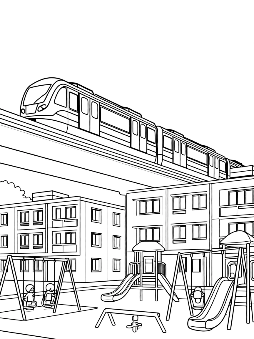 (Singapore) A Singapore MRT train traveling above ground past HDB apartment blocks with playgrounds below