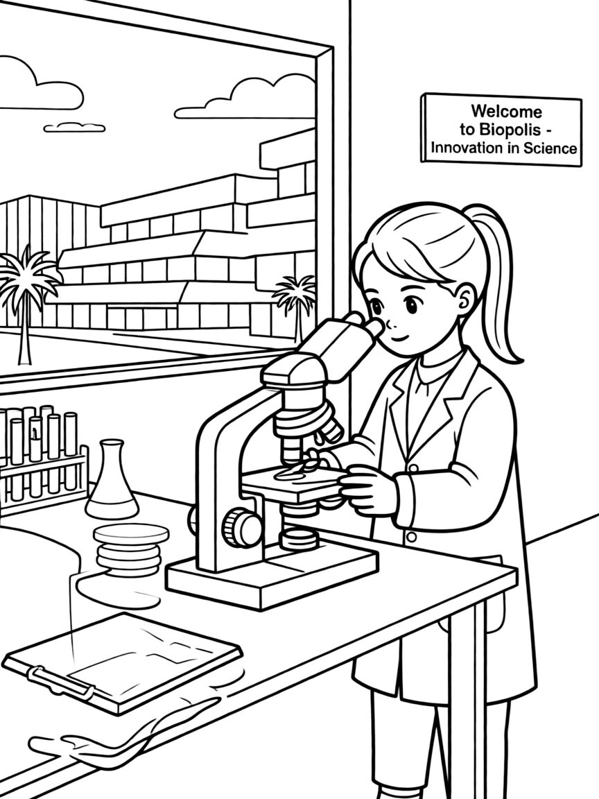 (Singapore) A scientist in a lab at Biopolis (science park) looking through a microscope (showcasing innovation in Singapore)