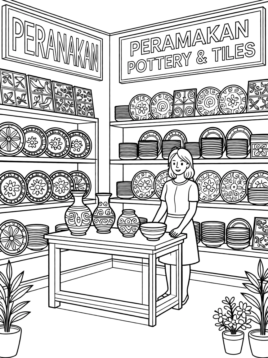 (Singapore) A shop selling Peranakan pottery and colorful tiles in the Peranakan Museum