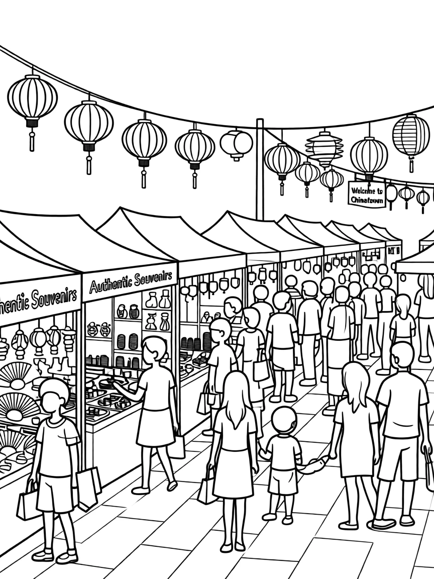 (Singapore) A bustling Chinatown street market with lanterns, souvenirs, and people shopping