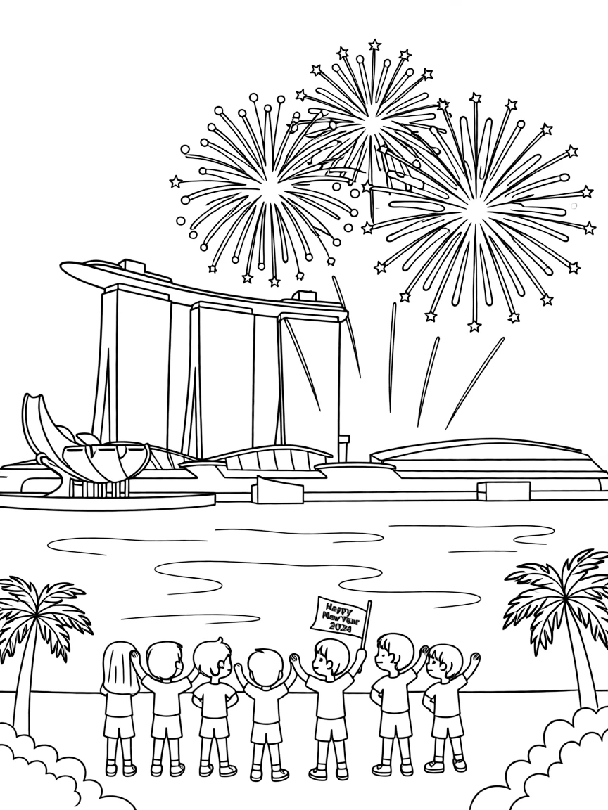 (Singapore) Marina Bay lit up with fireworks during the New Year celebrations