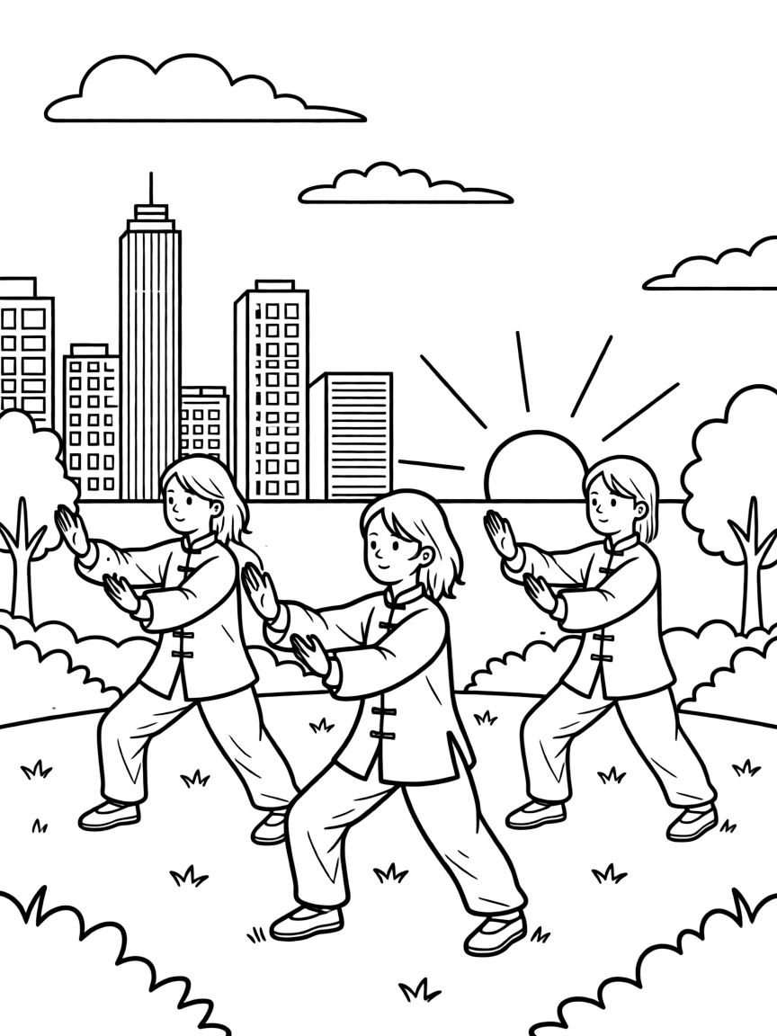 (Singapore) People practicing tai chi at dawn in an open park with the city in the background