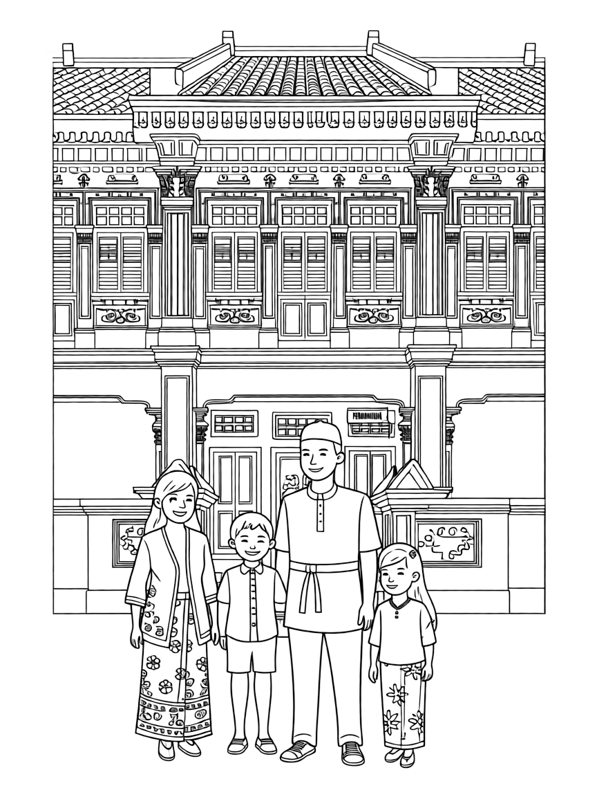 (Singapore) A Peranakan family in traditional dress posing in front of a pastel-colored Peranakan shophouse