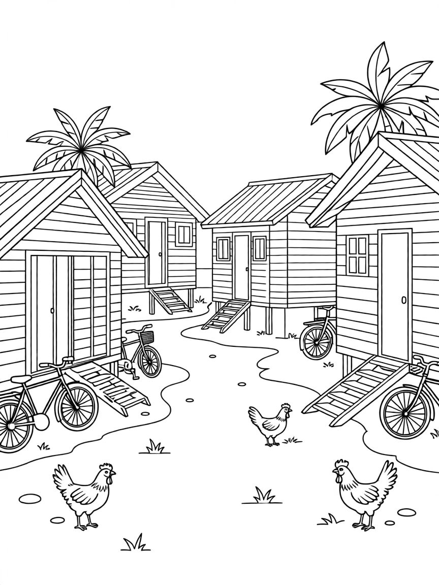 (Singapore) Pulau Ubin island village scene with wooden kampong houses, bicycles, and chickens wandering around