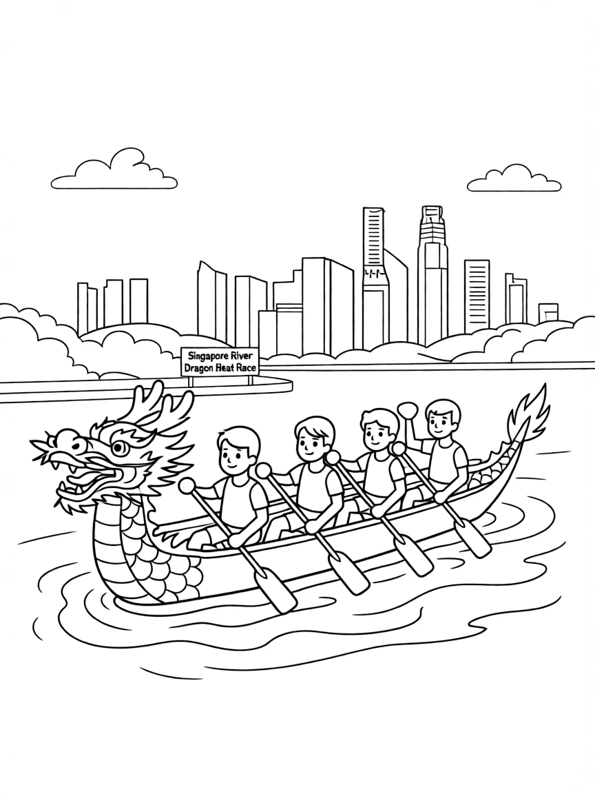 (Singapore) A dragon boat team paddling in sync during a race on the Singapore River