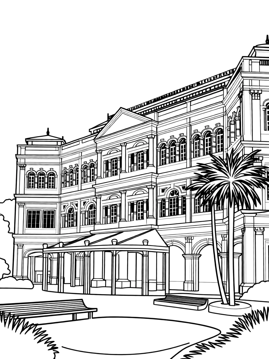 (Singapore) The historic Raffles Hotel with its elegant white colonial architecture and palm courtyard